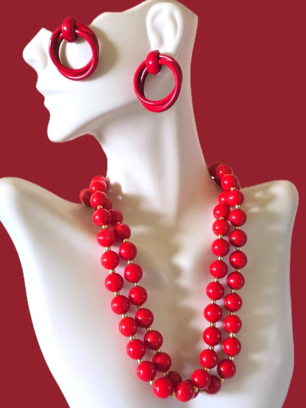 Vintage Enamel Red Beaded Necklace earrings hoops Gold filler beads Boho 24"